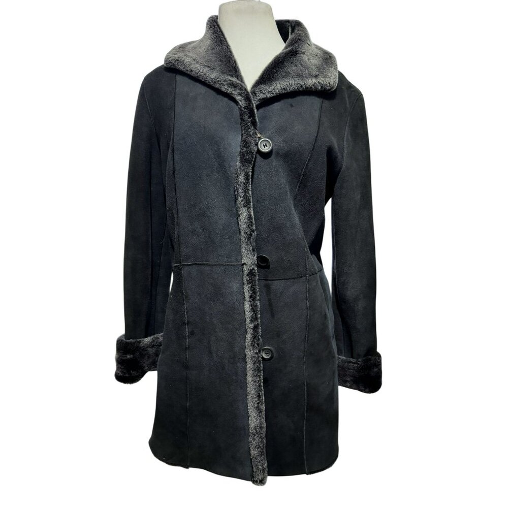 Autunno Shearlings 100% Sheepskin Fur Mid-Length Navy Coat Leather Zip Pockets